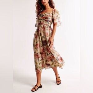Abercrombie & Fitch Floral Midi Dress in Cream, Pink, Green